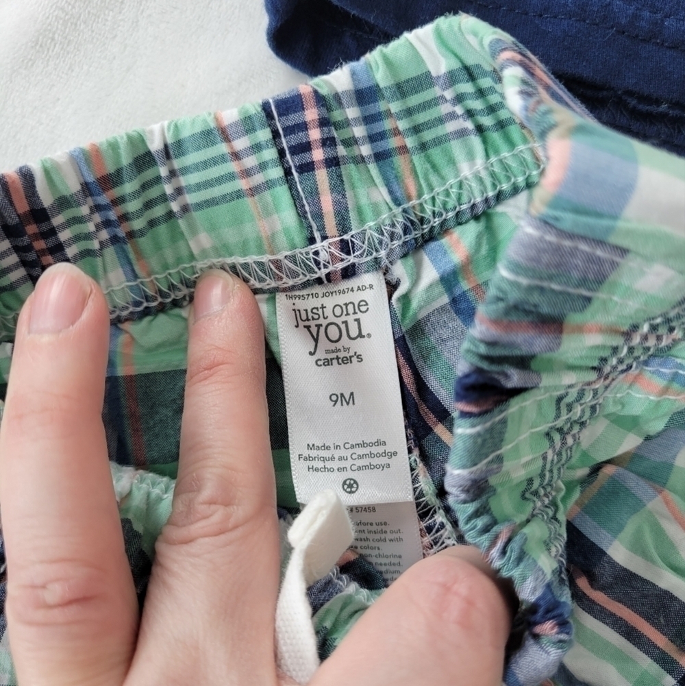 Just One You 2pc Navy blue elephant short sleeve w/ green & blue plaid shorts 9m - Picture 5 of 6